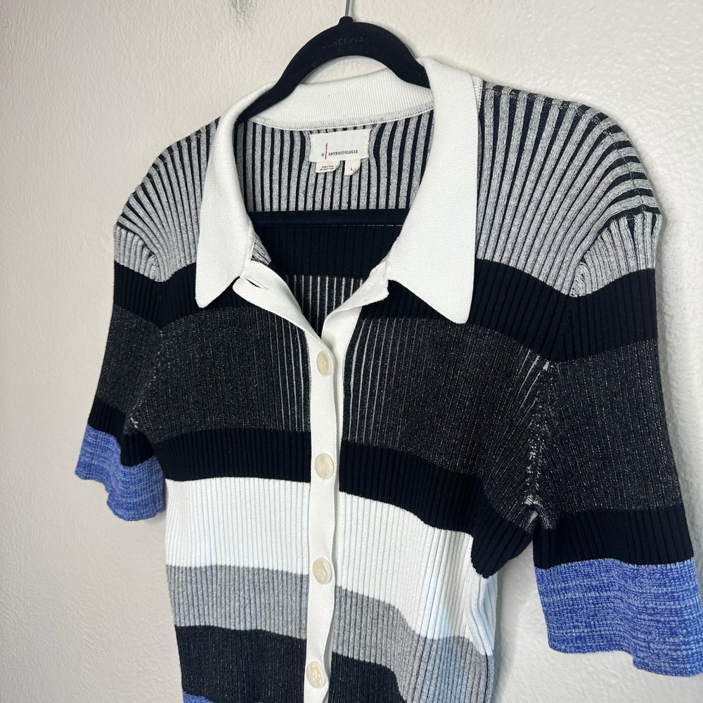 Anthropologie Short-Sleeve Collared Sweater Striped Ribbed Knit Cardigan Size L - Picture 8 of 10